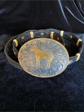 Crumrine large Horse Bely Buckle with Mark Fanning Cowboy Gear Tooled Belt Sz 36